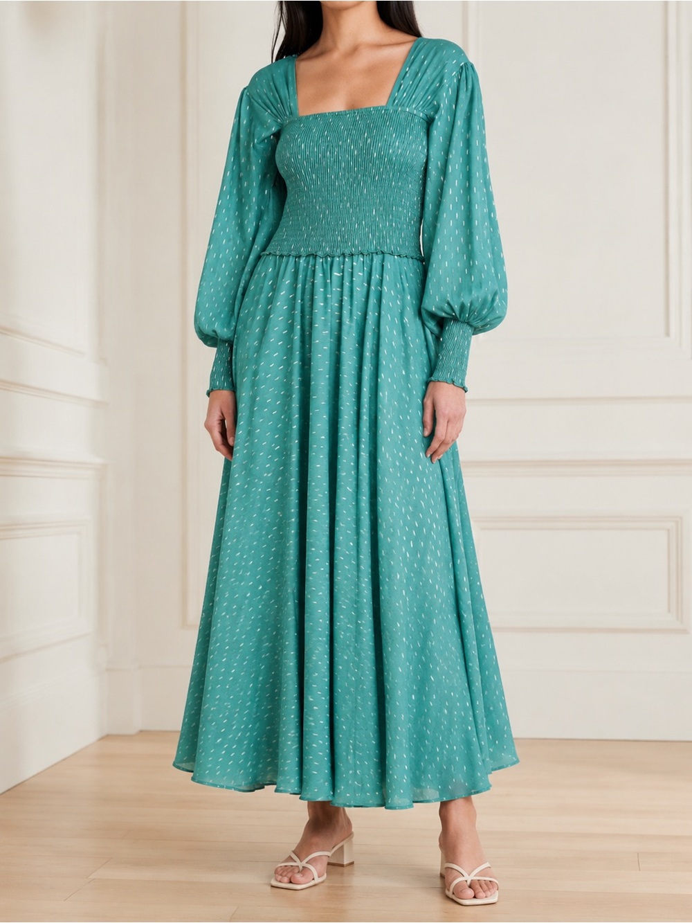 Abacaxi Eva Dress Teal Metallic Cotton Maxi Puff Sleeve Smocked Bodice Sz Large